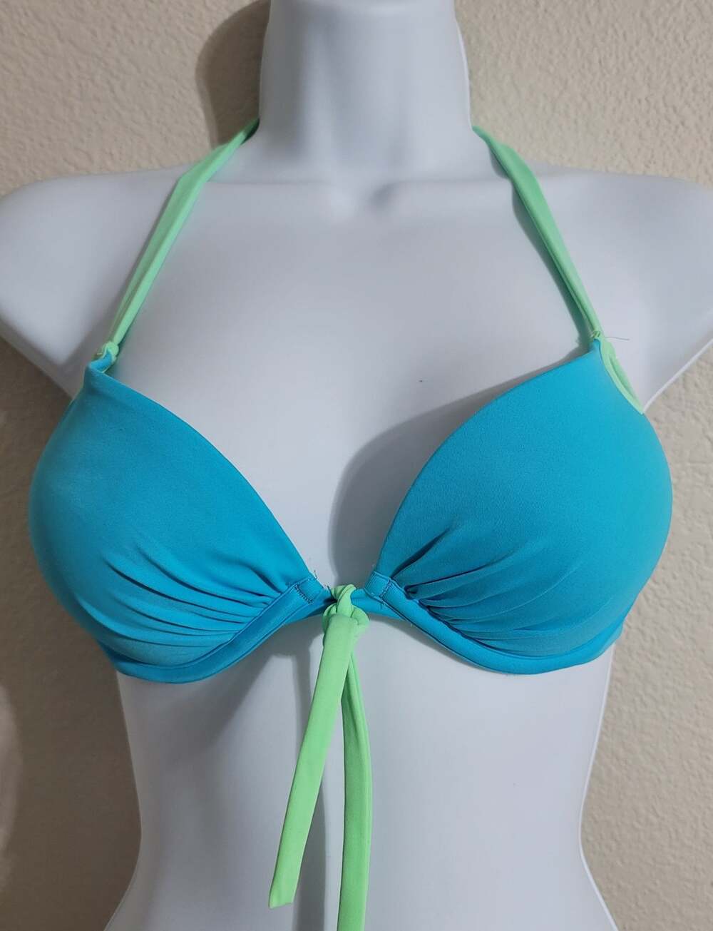 Victoria's Secret Blue Green Pleated Padded Bikini Top 32B Lightweight Neck Tie